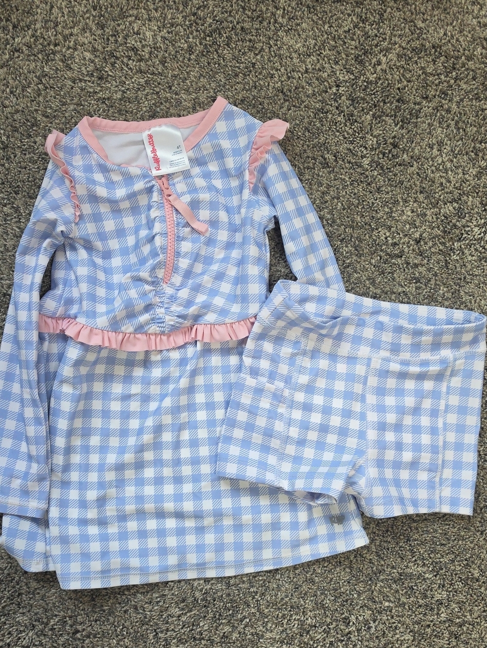 Ruffle Butts Blue & Pink Gingham Swim Dress And Bottoms Set